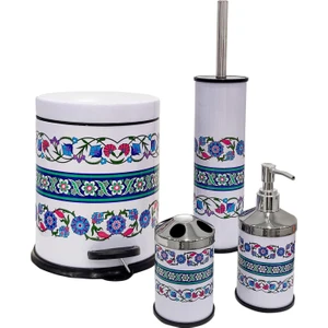 Rumi Desen-4 Lü Set Pedallı  Yavaş Kapanır Çöp Kovası Wc Klozet Fırça Sabunluk Diş Fırçalık Seti