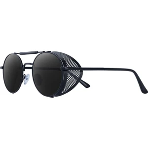 Yuvarlak Steampunk Güneş Gözlüğü UV400 Koruma Yan Kalkan Gözlük Unisex Gri Lens Blackframe (Yurt Dışından)