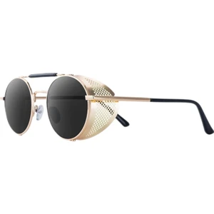 Yuvarlak Steampunk Güneş Gözlüğü UV400 Koruma Yan Kalkan Gözlük Unisex Gri Lens Altın Çerçeve (Yurt Dışından)