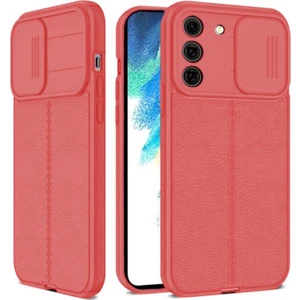 Samsung Galaxy S22 Kılıf Kamera Sürgülü Deri Dokulu Mat Silikon Kırmızı