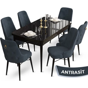 Concept Taç Serisi 80X132 Açılabilir Siyah Mermer Desen Masa Takımı  6 Sandalye Gold Halkalı