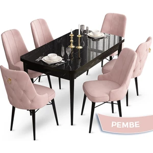 Concept Taç Serisi 80 x 132 cm Açılabilir Siyah Mermer Desen Masa Takımı  6 Sandalye Gold Halkalı
