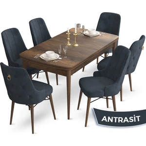 Concept Taç Serisi 80 x 132 cm Açılabilir Barok Ahşap Desen Masa Takımı 6 Sandalye Gold Halkalı