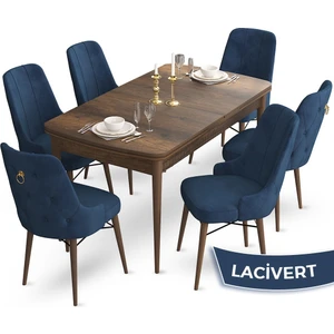 Concept Taç Serisi 80 x 132 cm Açılabilir Barok Ahşap Desen Masa Takımı 6 Sandalye Gold Halkalı