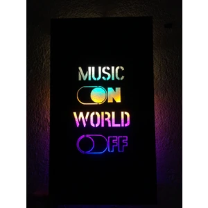 Music On World Off LED Işıklı Tablo Ahşap 45X24 cm