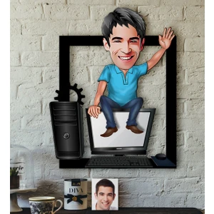 Kişiye Özel Bay Bilgisayar Mühendisi Karikatürlü 3D Ahşap Tablo