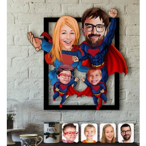 Kişiye Özel Süper Aile Karikatürlü 3D Ahşap Tablo-2