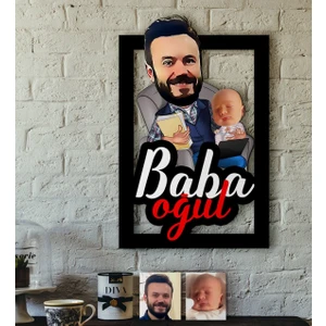 Kişiye Özel Baba-Oğul Karikatürlü 3D Ahşap Tablo-4