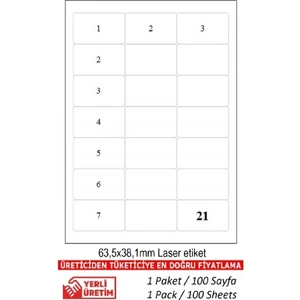 BK-2021 Ebat 63.5 x 38.1 mm Lazer Etiket  A4 Sayfada 21 Etiket