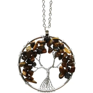 Tel Sarmalı Çakra Hayat Ağacı Doğal Kaplan Gözü Taşı Taşı Kolye (Zincir Dahil)