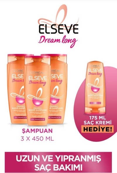 Elseve Uzun Saç Bakım Seti - Dream Long Onarıcı Bakım Şampuanı 450 ml X3 & Saç Bakım Kremi 175 ml