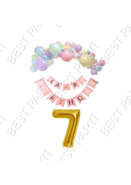 Happy Bırthday Yazılı Banner Makaron Balon Seti 7 Yaş Gold Set Doğum Günü