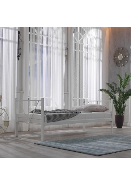 Alchera Daybed Tek Kişilik Sedir Divan Metal Karyola Beyaz