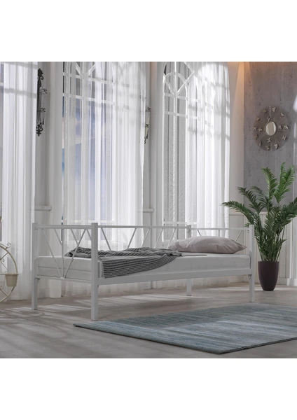 Alchera Daybed Tek Kişilik Sedir Divan Metal Karyola Beyaz