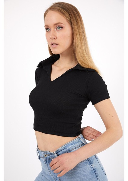 Kadın Siyah Polo Yaka Crop Top