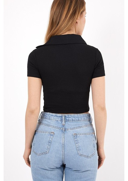 Kadın Siyah Polo Yaka Crop Top fırsatları