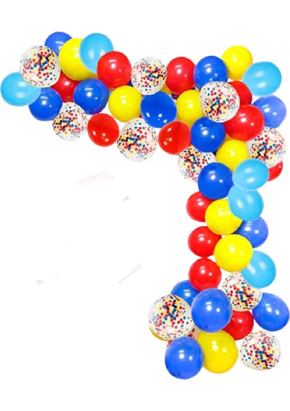 Mavi Kırmızı Sarı Karışık Konfetili Balon Zincir Seti-Dogum Gunu Balonları Konfetili Balon