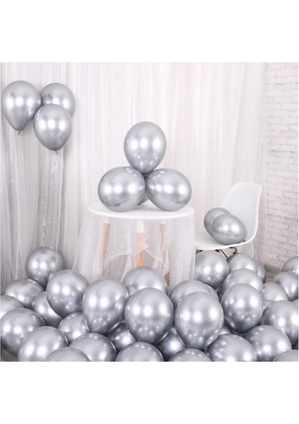 5 Adet Gümüş-Gri Krom Balon (Aynalı Balon) 1 Kalite Krom Balon Aynalı Balon Helyum Uyumlu