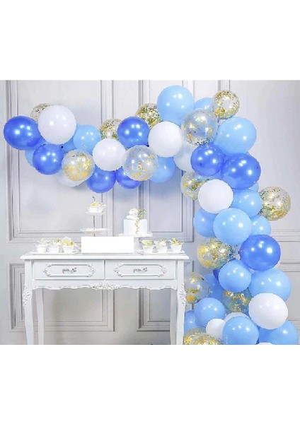 Beyaz-Açık Mavi-Lacivert-Altın Konfetili Şeffaf Doğum Günü Balon