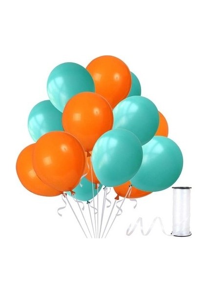 100 Adet Metalik Sedefli Su Yeşili-Turuncu Balon+Balon Bandı+5 Metre Balon Zinciri