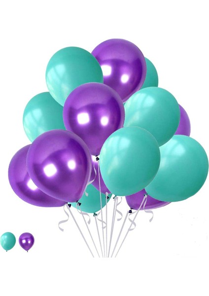 75 Adet Metalik Sedefli Su Yeşili-Mor Balon,+5 Metre Balon Zinciri