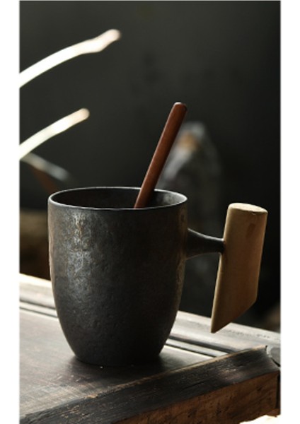 Yaratıcı Retro Ahşap Saplı Kupa Kaşıkla Ev Seramik Çay Bardağı El Yapımı Stoneware (Yurt Dışından)