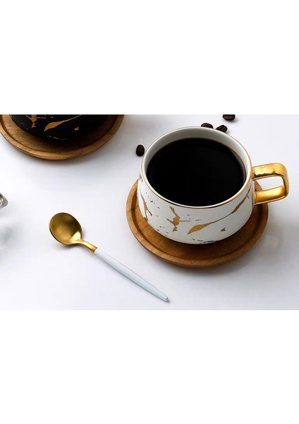 Lüks Nordic Mermer Seramik Kahve Fincanları Yoğunlaştırılmış Kahve Kupalar Cafe Çay Kahvaltı Süt Bardak Tabağı ile Çanak Kaşık Seti | (Yurt Dışından)