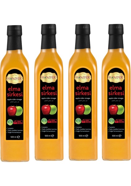 Elma Sirkesi 500 ml x 4 Adet Doğal Fermantasyon Içilebilir Katkısız