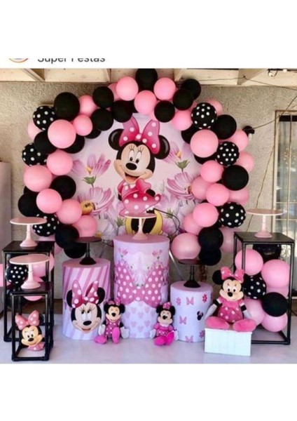 Minnie Mouse Konsept Balon Zinci Balon ve Balon Zinciri-Siyah-Pembe-Puantiyeli Balon