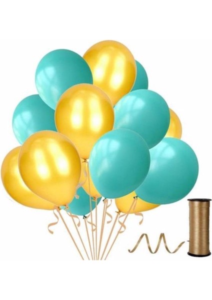 20 Adet Metalik Sedefli Su Yeşili-Altın Balon, Helyumla Uçan-Dogum Günü-Parti