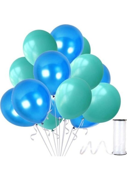 10 Adet Metalik Sedefli Su Yeşili - Mavi Balon, Helyumla Uçan-Dogum Günü-Parti