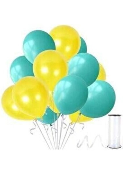 12 Adet Metalik Sedefli Su Yeşili-Sarı Balon, Helyumla Uçan-Dogum Günü-Parti