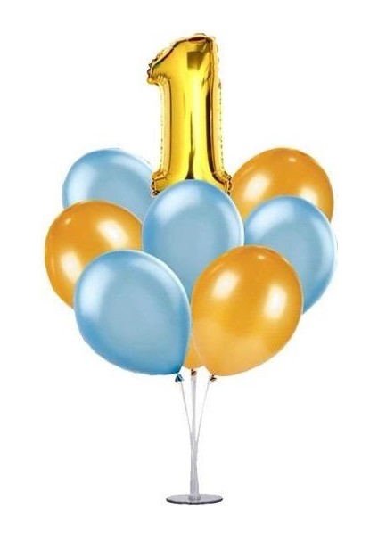 7'li Şeffaf Ayaklı Balon Standı - Gold 1 Yaş Folyo Balon -6 Adet Metalik Balon -Dogum Günü