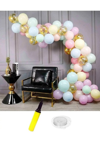 75 Adet Konfetili Makaron Balon Seti-5 Metre Zincir ve Balon Pompası-Güzel Balon