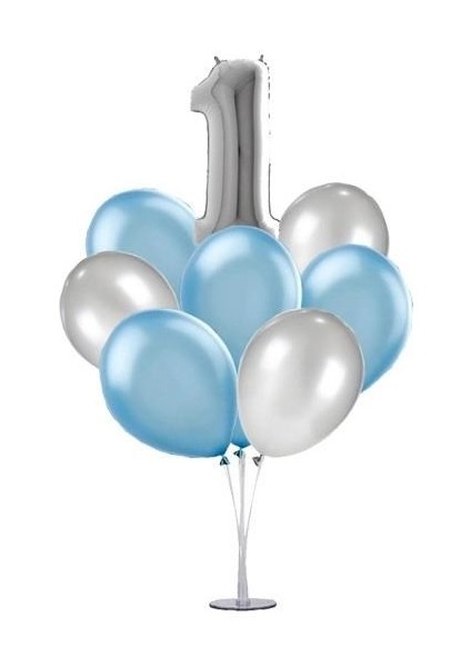 7'li Şeffaf Ayaklı Balon Standı - Gümüş 1 Yaş Folyo Balon -6 Adet Metalik Balon -Dogum Günü