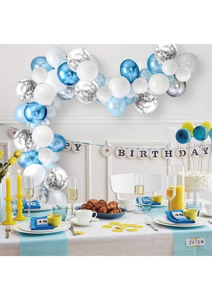 200 Adet Mavi Beyaz Krom Metalik Zincir Gümüş Balon Konfetili Balon Seti 10 Metre