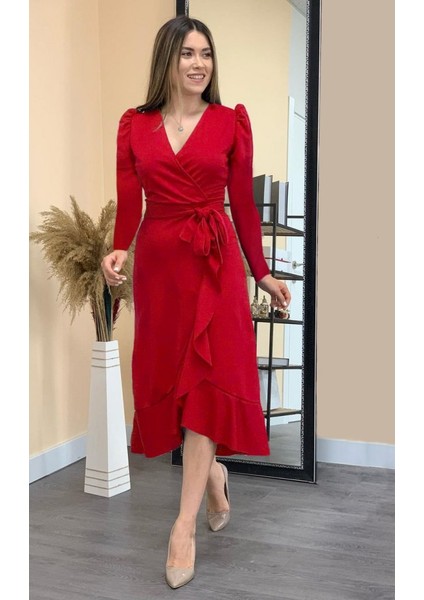 Krep Kumaş Midi Boy Kuşaklı Uzun Kol Elbise (Kırmızı)