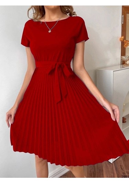 Eteği Pileli Beli Kuşaklı Krep Kumaş Elbise (Renk Seçenekli) fiyatları