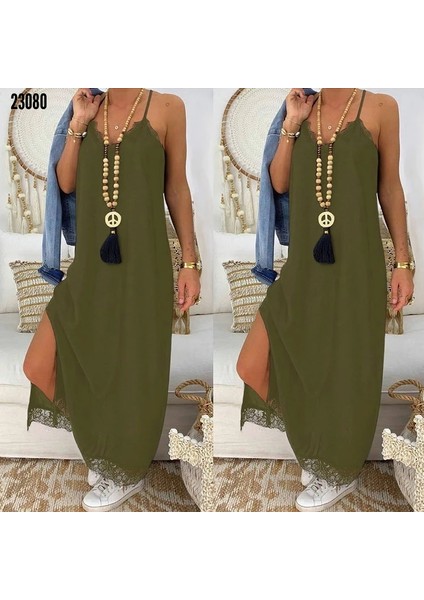 Viskon Kumaş Dantel Detay Elbise (Yeşil)