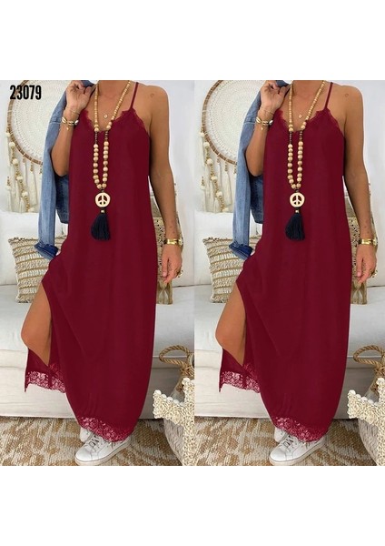 Viskon Kumaş Dantel Detay Elbise (Bordo)