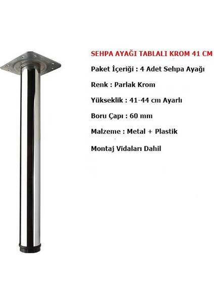 4 Adet Sehpa Ayağı 41 cm Ayarlı Krom Mobilya Ayak Çap : 60 mm