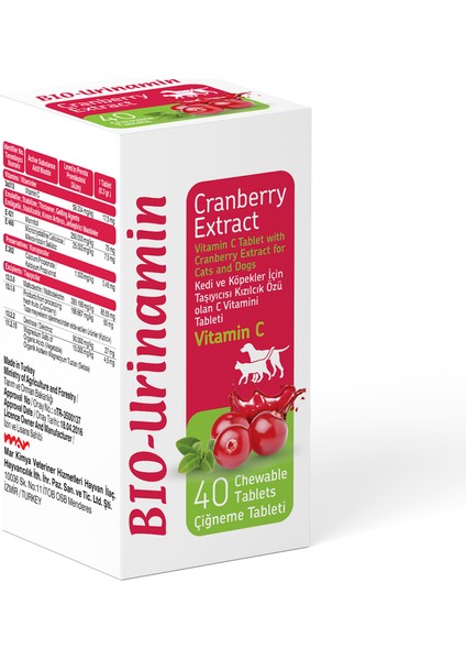 Bio Urinamin Kızılcık Özlü Kedi C Vitamini Tableti 40 Adet 12GR