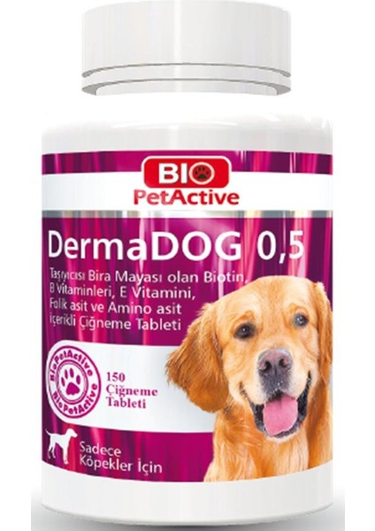 Bio Pet Active Dermadog 0.5 Orta ve Küçük Irk Probiotik Sarımsaklı Bira Mayalı Köpek Vitamini 150 Tablet 75GR