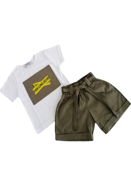 Çocuk Şort Tshirt Ikili Takım Haki Yeşil- Beyaz Baskılı Kısa Kollu 2022 Yaz indirimleri