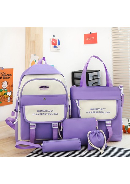 5 Parça Büyük Kapasiteli Sevimli Sırt Çantası Set - Mor (Yurt Dışından)