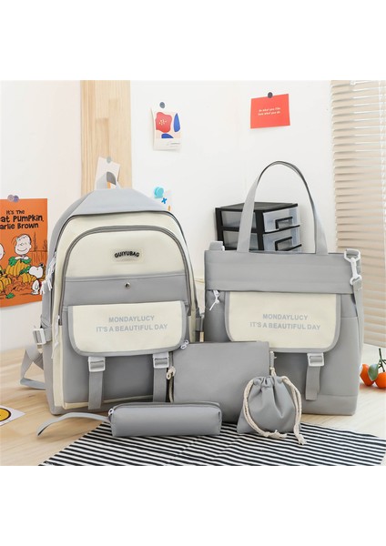 5 Parça Büyük Kapasiteli Sevimli Sırt Çantası Set - Gri (Yurt Dışından)