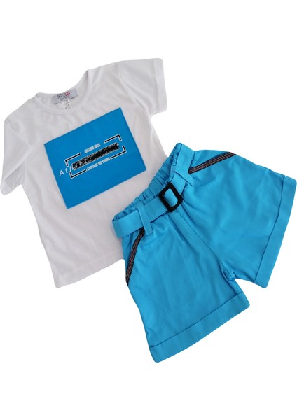 Çocuk Şort Tshirt Ikili Takım Turkuaz Beyaz Baskılı 2022 Yaz Kısa Kollu modelleri
