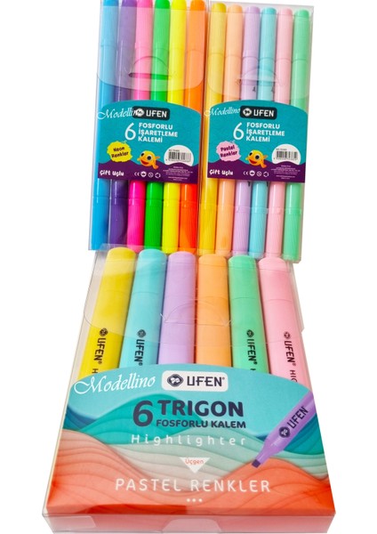 12 Adet Çift Uçlu 6'lı Pastel & 6'lı Neon + Trigon 6'lı Ufen Fosforlu Kalem