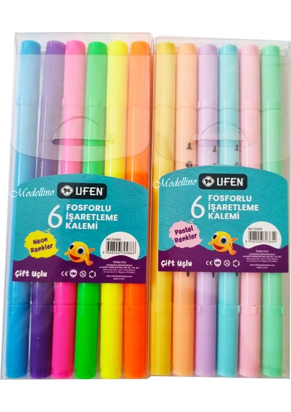 12 Adet Çift Uçlu 6'lı Pastel & 6'lı Neon Renkler Ufen Fosforlu Kalem