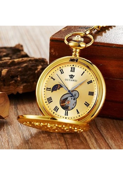 Altın Mekanik Cebi El Rüzgar Fob Saatler Romen Rakamları Ay Şekli Hollow Dial Iskelon Saat Zinciri Erkekler Için | Cep ve fob Saatler (Yurt Dışından)